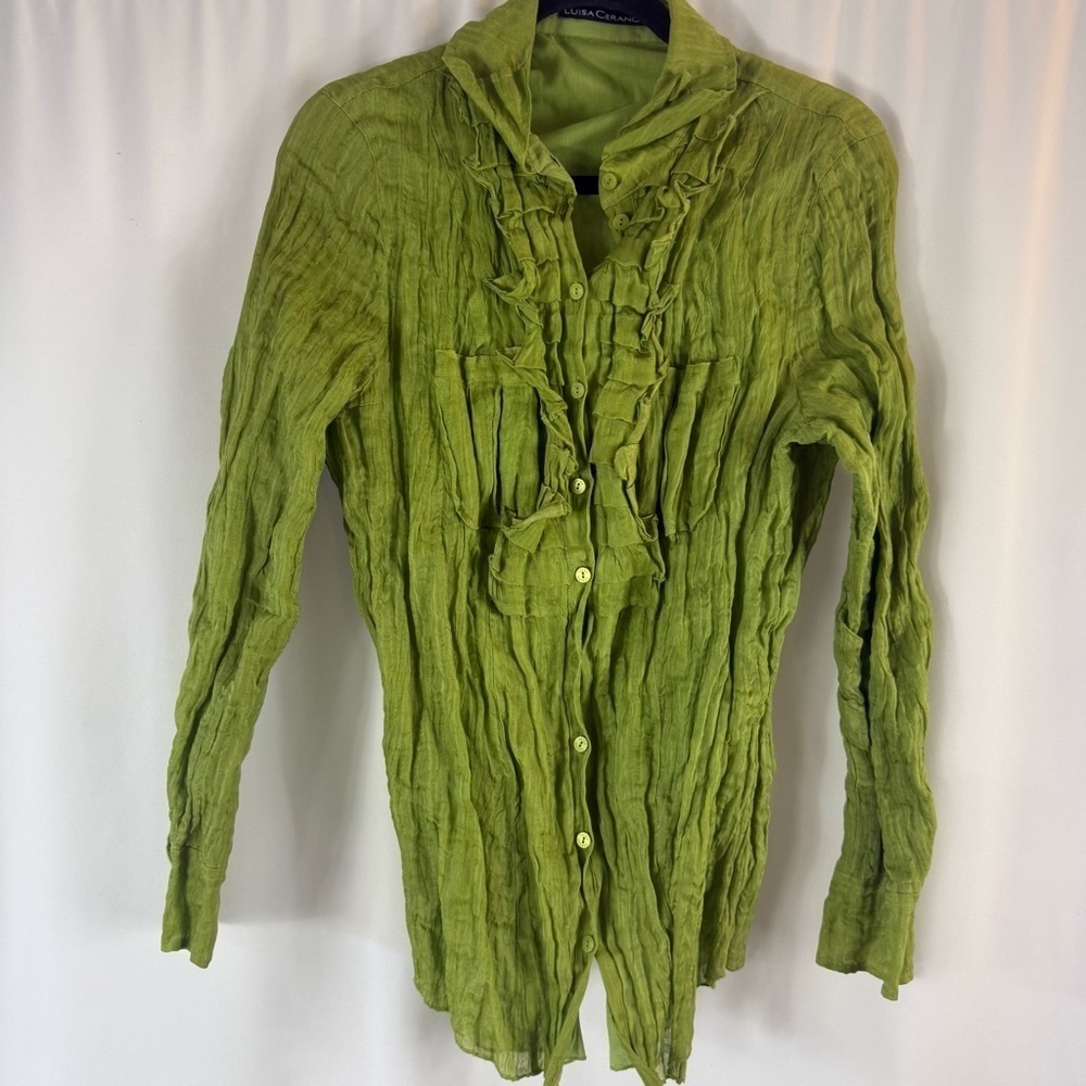 Luisa Cerano Green Crinkled Button-Up Blouse USA 14 43 % silk